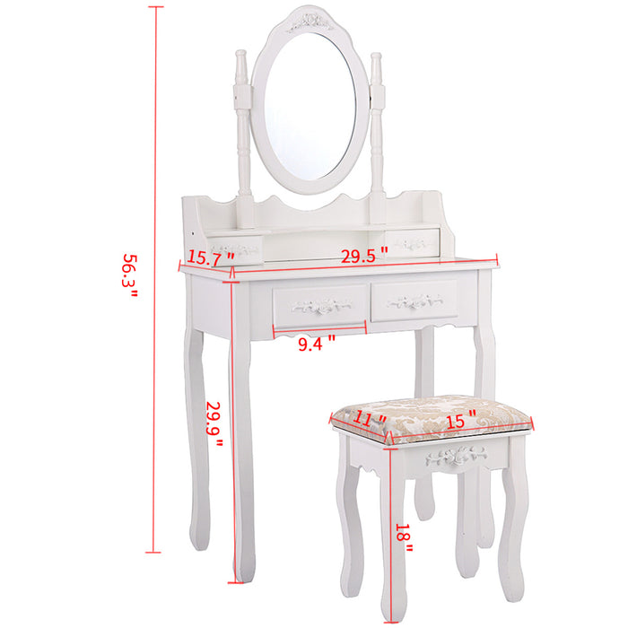 Vanity Table and Chair Set, Makeup Dressing Table with 360-degree-rotating Mirror and 4 Drawers, Thick Padded Stool - White
