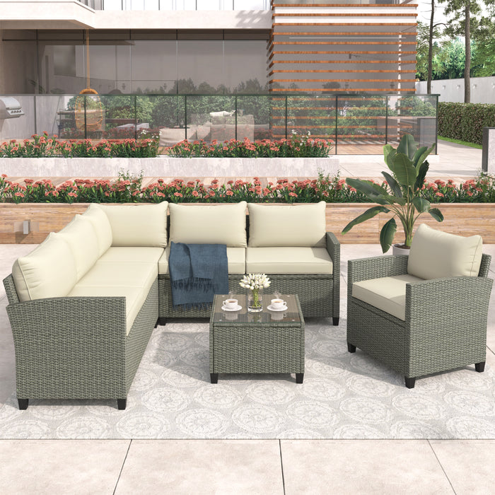 5 pc Beige Sectional Outdoor Set with Coffee Table Side Chair and Cushions