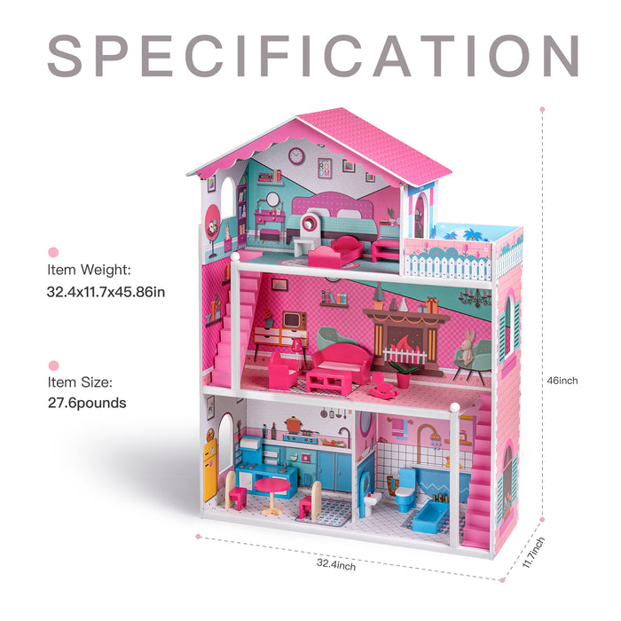 Wooden Dollhouse with Furniture 4-Rooms, with 18 pcs Furniture & Accessories