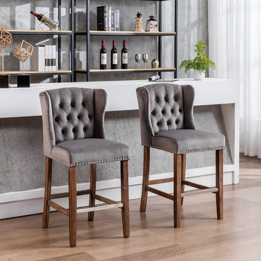 Counter Height Bar Stools, Upholstered 27" Seat Height Barstools, Wingback Breakfast Chairs with Nailhead-Trim & Tufted Back, Wood Legs, Set of 2(Grey)
