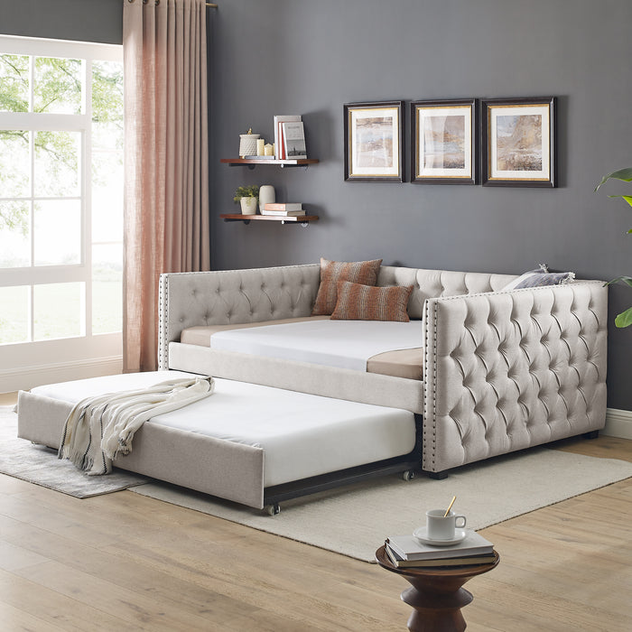 Daybed with Trundle Upholstered Tufted Sofa Bed, with Button and Copper Nail on Square Arms，Full Daybed & Twin Trundle, Beige（85“x57”x31.5“）
