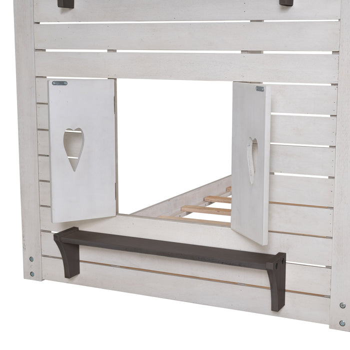 Antique White Twin Over Twin Bunk Bed Wood Bed with Roof Window Slide Ladder | lowrysfurniturestore