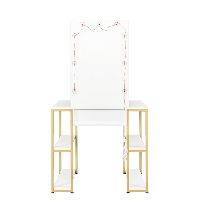 White modern simple vanity, solid metal frame construction, 9 LED lights illuminate makeup mirror, adjustable brightness