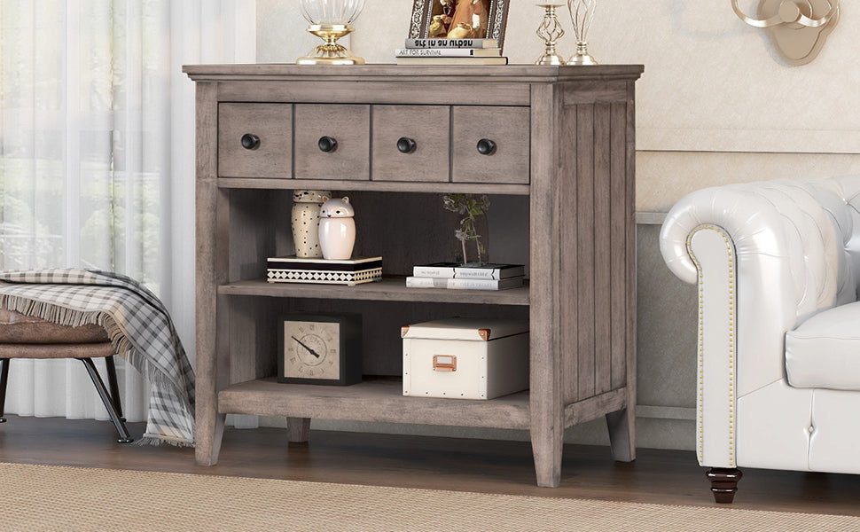 Vintage Storage Nightstand with 1 Drawer and 2 Open Shelves,Charging Design, Brown