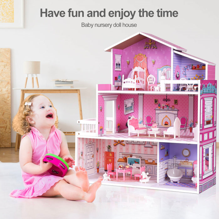 Wooden Dollhouse for Kids with 24pcs Furniture Preschool Dollhouse House Toy | lowrysfurniturestore
