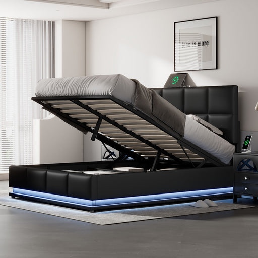 Full Size Black Upholstered Platform Bed with Hydraulic Storage LED Lights and USB charger lowrysfurniturestore