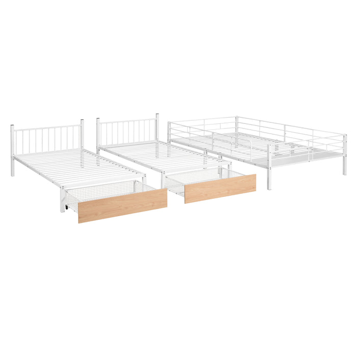 Full Over Twin & Twin Bunk Bed, Metal Triple Bunk Bed with Drawers and Guardrails, White