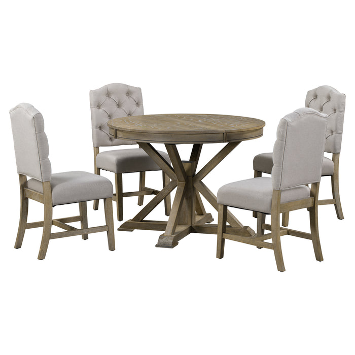 Functional Furniture Retro Style Dining Table Set with Extendable Table and 4 Upholstered Chairs for Dining Room and Living Room(Natural Wood Wash)