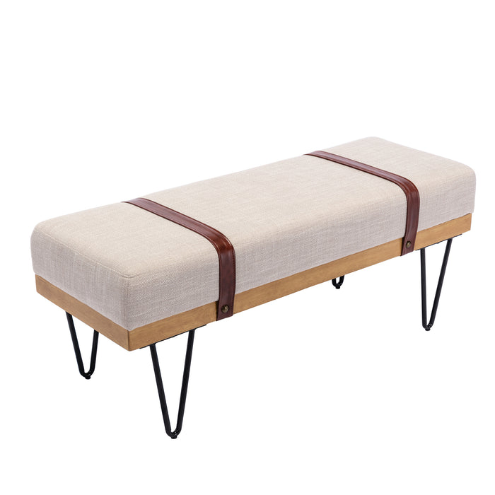 Linen Fabric soft cushion Upholstered solid wood frame Rectangle bed bench with powder coating metal legs ,Entryway footstool | lowrysfurniturestore