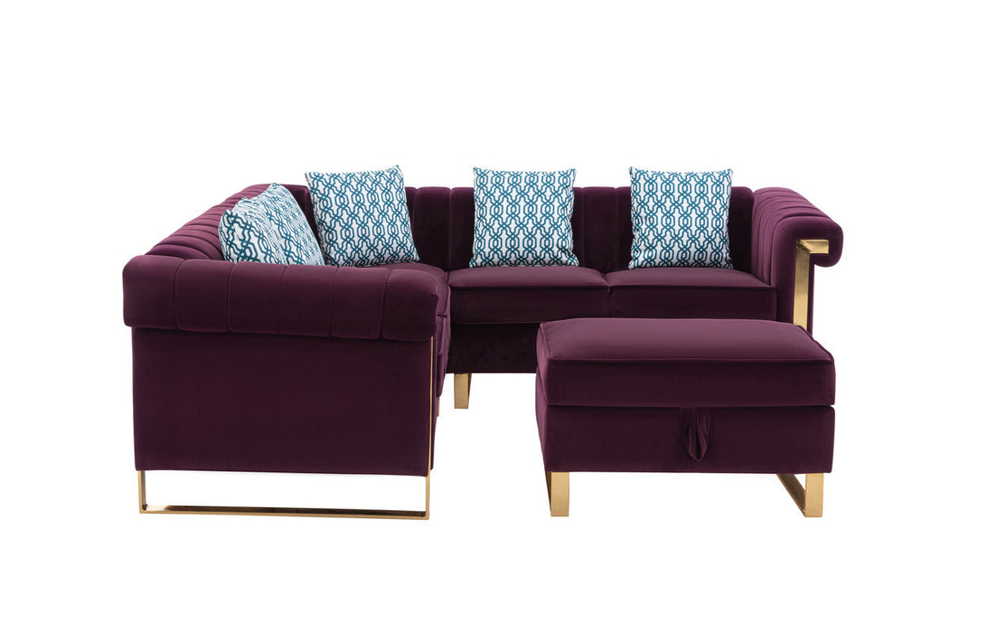 Maddie Purple Velvet 5-Seater Sectional Sofa with Storage Ottoman | lowrysfurniturestore