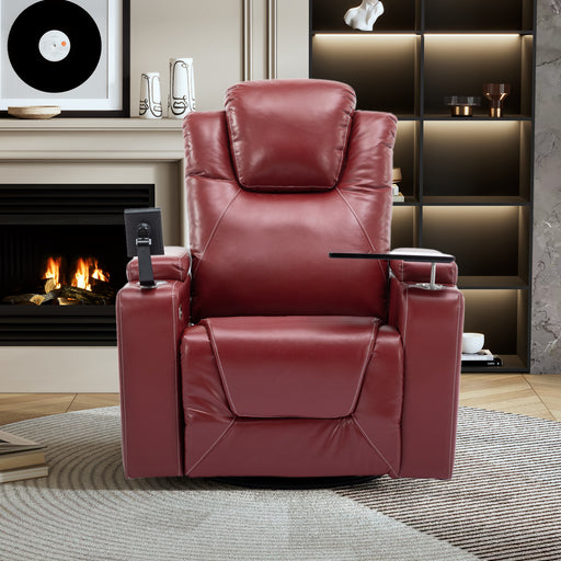Red Swivel Faux Leather Power Recliner Home Theater Recliner with Surround Sound Cup Holder Removable Tray Table Hidden Arm Storage lowrysfurniturestore