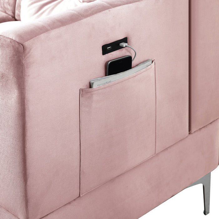 Chloe Pink Velvet Sectional Sofa Chaise with USB Charging Port | lowrysfurniturestore