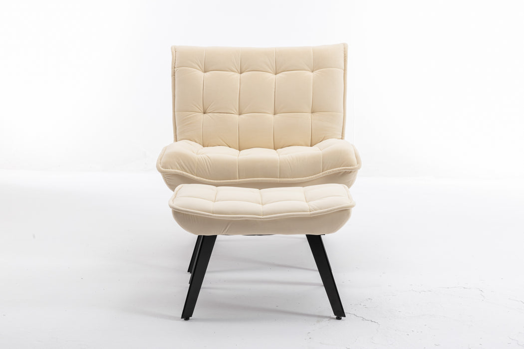 Modern Soft Velvet Fabric Material Large Width Accent Chair Leisure Chair Armchair TV Chair Bedroom Chair With Ottoman Black Legs For Indoor Home And Living Room,White