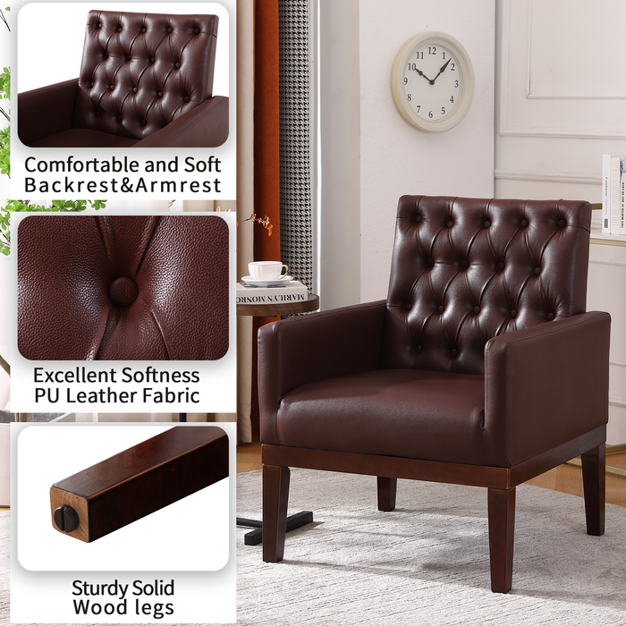 PU Leather Accent Chair, Upholstered Lounge Sofa Armchair, Comfortable Armchair with Wooden Legs in Log Color, Modern Button Reading Chair for Bedroom Living Room, Dark Brown
