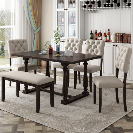 6-Piece Dining Table and Chair Set with Special-shaped Legs and Foam-covered Seat Backs&Cushions for Dining Room (Espresso)