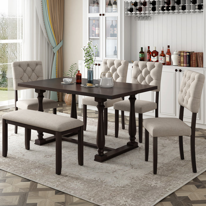 6-Piece Dining Table and Chair Set with Special-shaped Legs and Foam-covered Seat Backs&Cushions for Dining Room (Espresso)