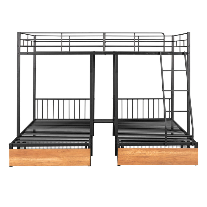 Black Full Over Twin & Twin Bunk Bed Metal Triple Bunk Bed with Drawers and Guardrails | lowrysfurniturestore