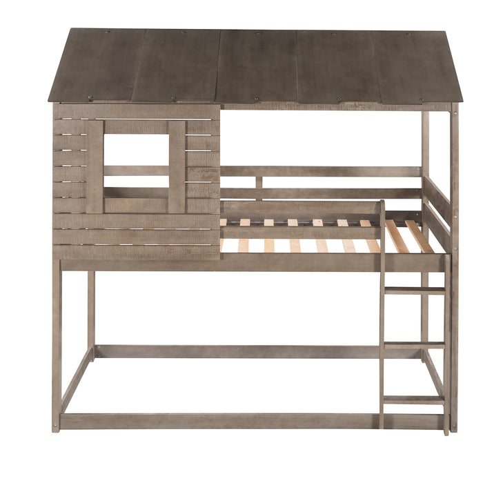 Twin Over Twin Bunk Bed Wood Loft Bed with Roof, Window, Guardrail, Ladder (Antique Gray) (OLD SKU :LP000062AAN)