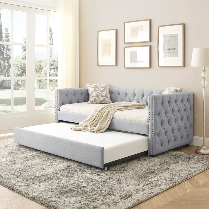 Twin Daybed with Trundle Upholstered Tufted Sofa Bed with Button and Copper Nail on Square Arm, Gray | lowrysfurniturestore