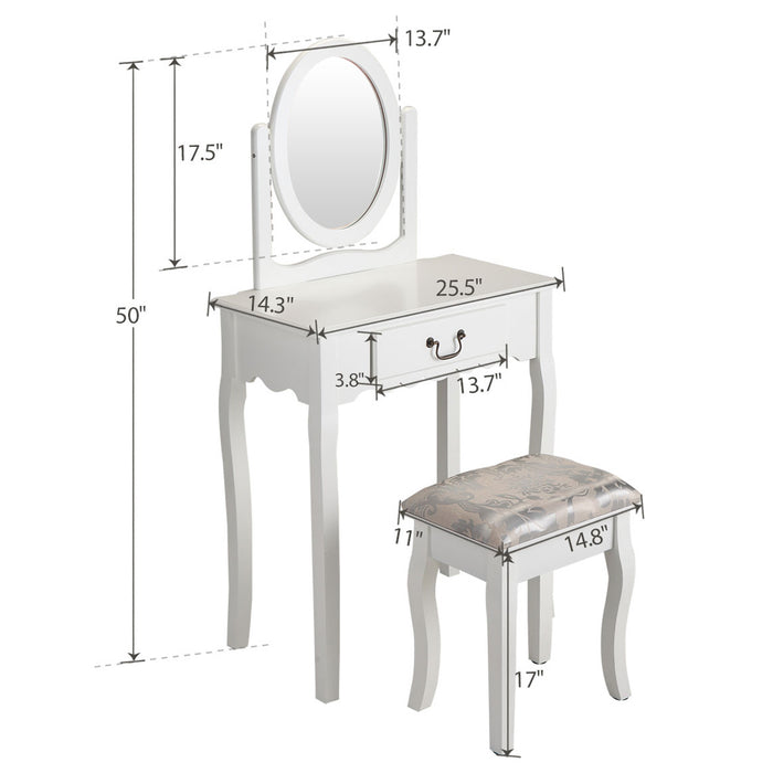 Vanity Table and Chair Set, Makeup Dressing Table with 360° Rotating Mirror and Large Drawer - White