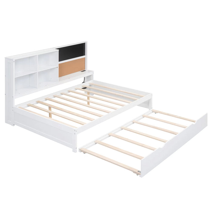 Full Size Daybed with Storage Shelves, Blackboard, Cork board, USB Ports and Twin Size Trundle, White