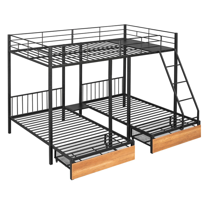 Black Full Over Twin & Twin Bunk Bed Metal Triple Bunk Bed with Drawers and Guardrails lowrysfurniturestore