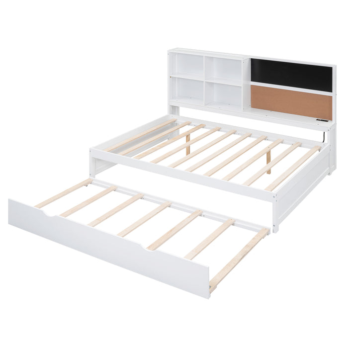 Full Size Daybed with Storage Shelves, Blackboard, Cork board, USB Ports and Twin Size Trundle, White | lowrysfurniturestore