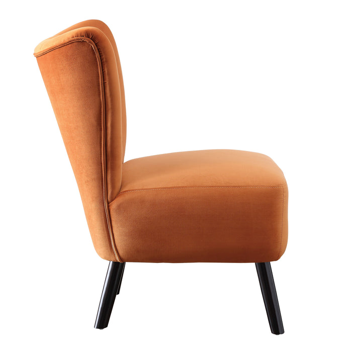 Unique Style Orange Velvet Covering Accent Chair Button-Tufted Back Brown Finish Wood Legs Modern Home Furniture