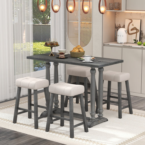 5-Piece Dining Table Set, Counter Height Dining Furniture with a Rustic Table and 4 Upholstered Stools for Kitchen, Dining Room (Gray)