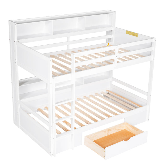 White Twin Size Bunk Bed with Built-in Shelves Upper and Lower Bed and Storage Drawer on Bottom | lowrysfurniturestore