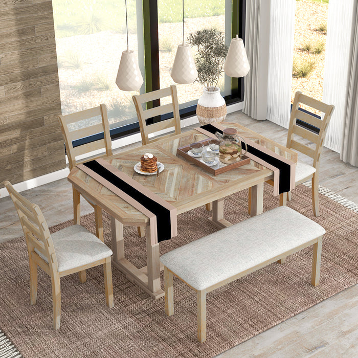 6-Piece Rubber Wood Dining Table Set with Beautiful Wood Grain Pattern Tabletop Solid Wood Veneer and Soft Cushion (Natural Wood Wash) | lowrysfurniturestore