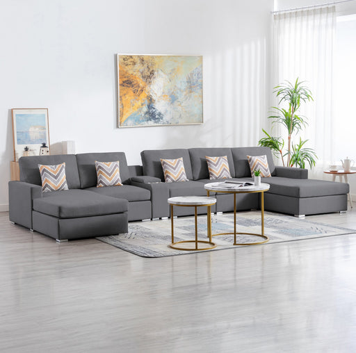 Nolan Gray Linen Fabric 6Pc Double Chaise Sectional Sofa with Interchangeable Legs, a USB, Charging Ports, Cupholders, Storage Console Table and Pillows lowrysfurniturestore