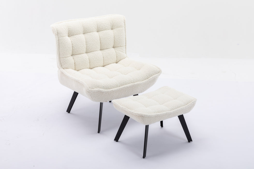 Modern Soft Teddy Fabric Material Large Width Accent Chair Leisure Chair Armchair TV Chair Bedroom Chair With Ottoman Black Legs For Indoor Home And Living Room,White