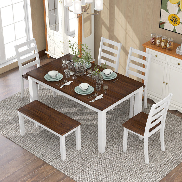 Rustic Style 6-Piece Dining Room Table Set with 4 Ergonomic Designed Chairs & a Bench (Walnut + Cottage White)