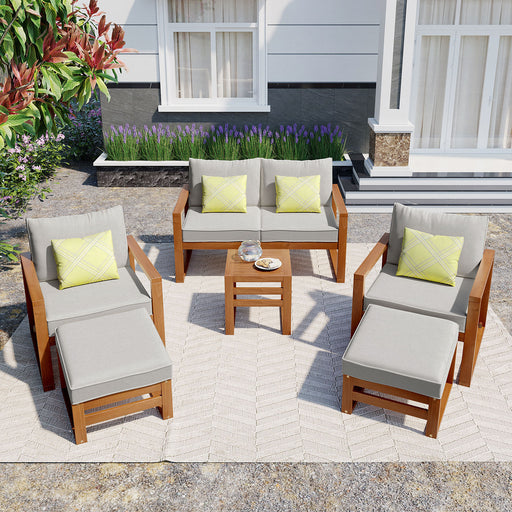 6 pc Gray Outdoor Conversation Set with Ottomans and Cushions lowrysfurniturestore
