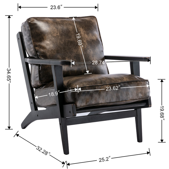 solid wood black antique painting removable cushion arm chair, mid-century PU leather accent chair