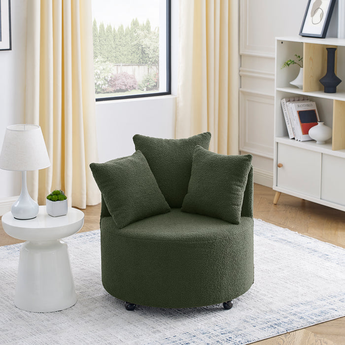 Teddy Fabric Swivel Accent Backchair Upholstered Luxury Lounge Chair for Living Room Bedroom, with Movable Wheels, Including 3 Pillows,Green | lowrysfurniturestore