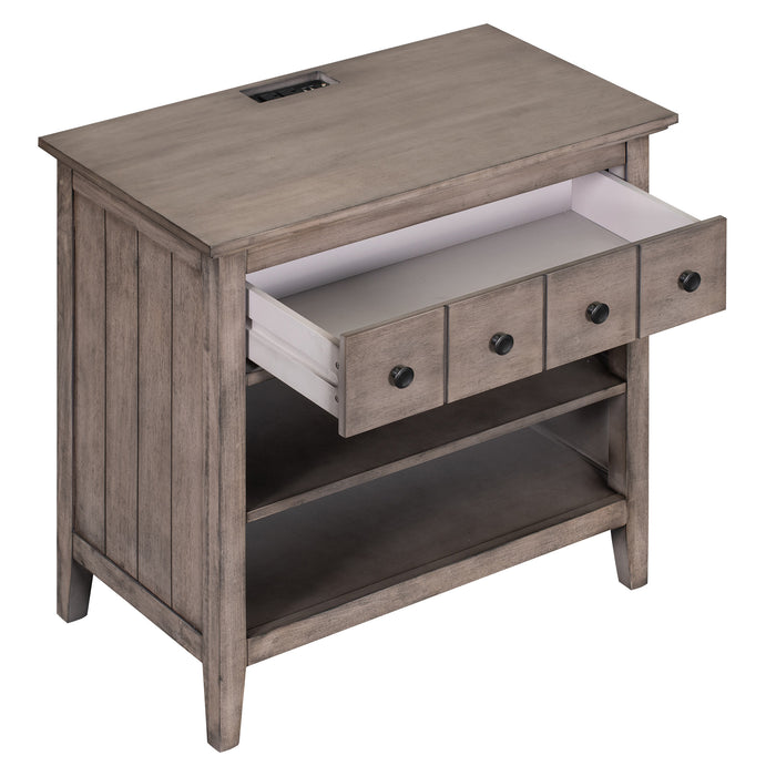 Vintage Storage Nightstand with 1 Drawer and 2 Open Shelves,Charging Design, Brown