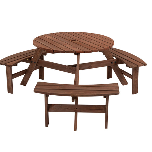 6 Person Brown Circular Outdoor Wooden Picnic Table for Patio lowrysfurniturestore