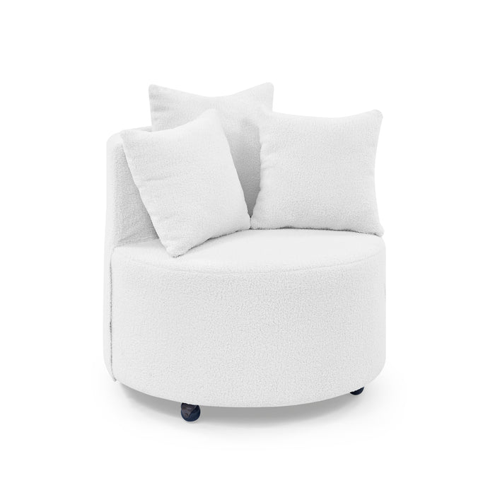 Teddy Fabric Swivel Accent Backchair Upholstered Luxury Lounge Chair for Living Room Bedroom, with Movable Wheels, Including 3 Pillows,White