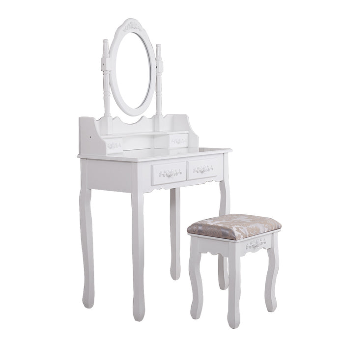 Vanity Table and Chair Set, Makeup Dressing Table with 360-degree-rotating Mirror and 4 Drawers, Thick Padded Stool - White