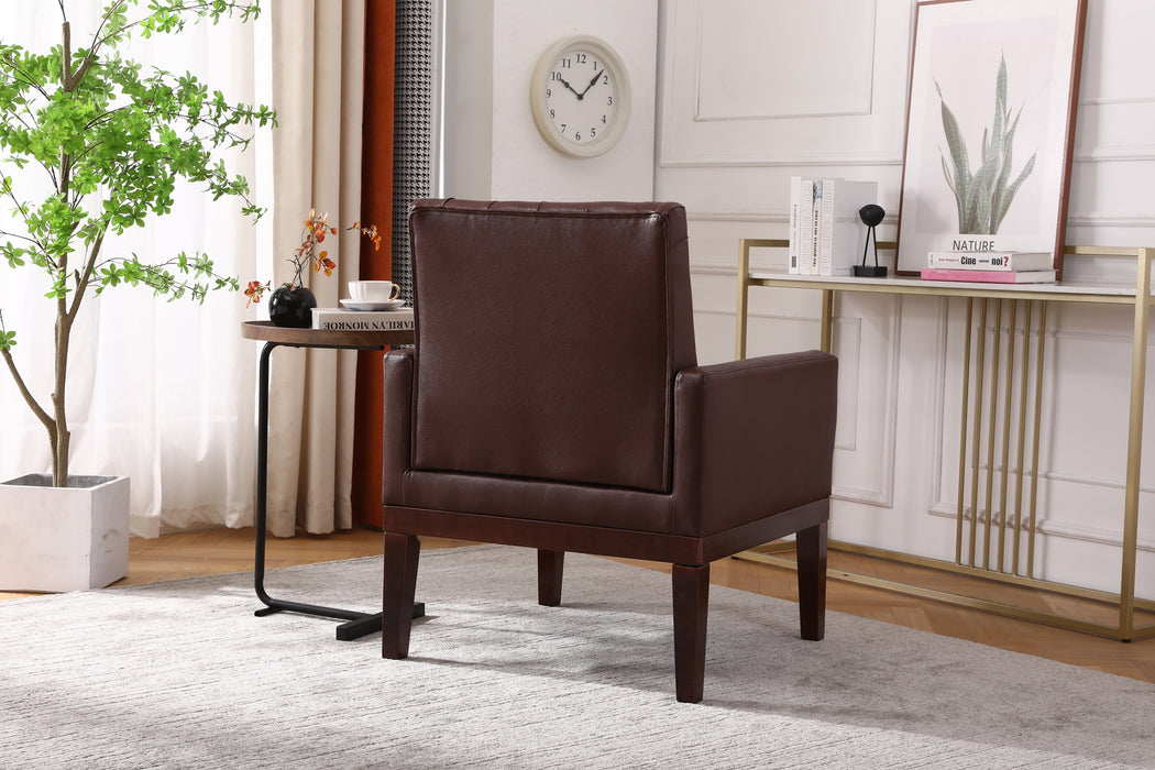 PU Leather Accent Chair, Upholstered Lounge Sofa Armchair, Comfortable Armchair with Wooden Legs in Log Color, Modern Button Reading Chair for Bedroom Living Room, Dark Brown