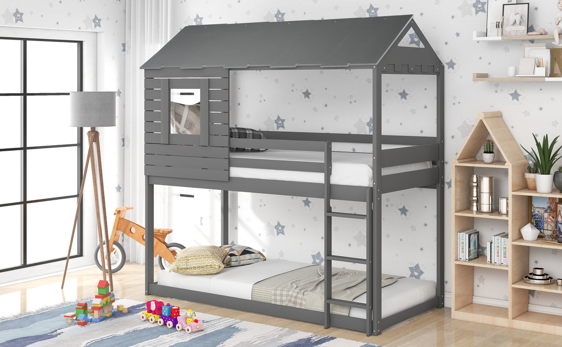 Twin Over Twin Bunk Bed Wood Loft Bed with Roof, Window, Guardrail, Ladder (Gray) (OLD SKU :LP000062AAE)