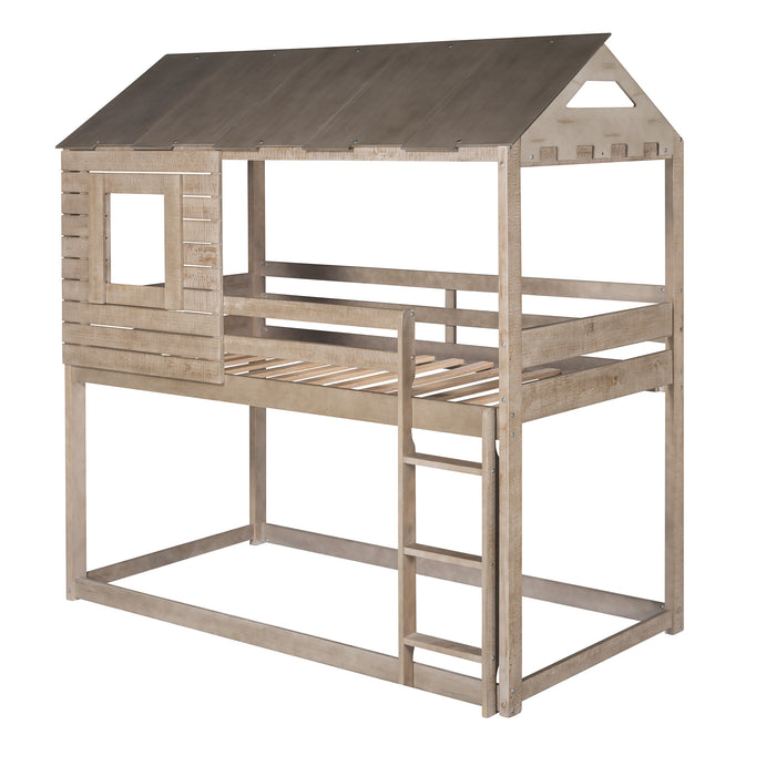 Twin Over Twin Bunk Bed Wood Loft Bed with Roof, Window, Guardrail, Ladder (Antique Gray) (OLD SKU :LP000062AAN)