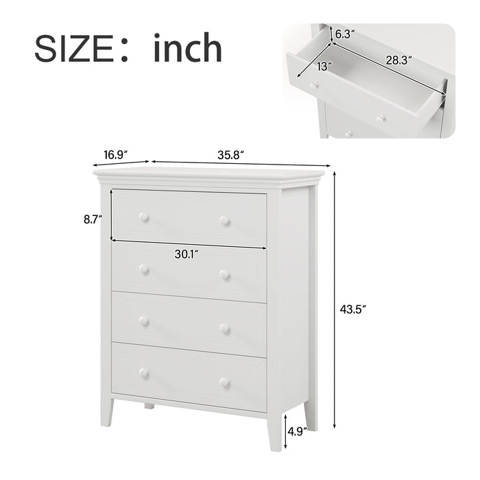 Traditional Concise Style White Solid Wood Four-Drawer Chest