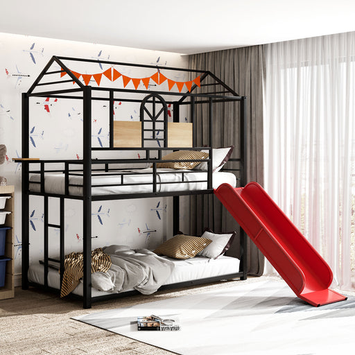 Twin Over Twin Metal Bunk Bed ,Metal Housebed With Slide,Three Colors Available.(Black with Red Slide)(OLD SKU :LP000095AAJ)