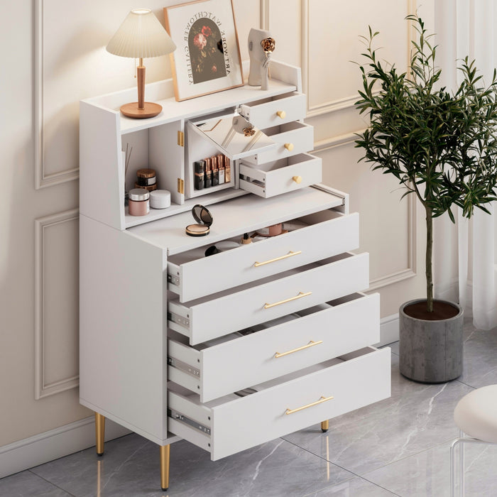 Vanity Makeup Table with Mirror and Retractable Table, Storage Dresser for Bedroom with 7 Drawers and Hidden Storage,White