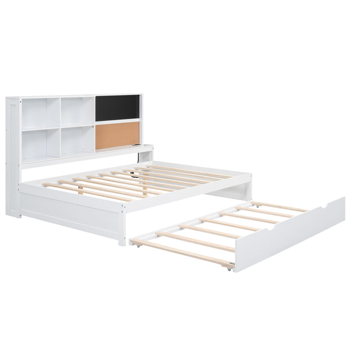 Full Size Daybed with Storage Shelves, Blackboard, Cork board, USB Ports and Twin Size Trundle, White | lowrysfurniturestore
