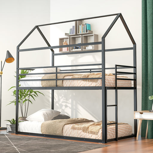 Black Twin over Twin House Bunk Bed Metal Bed Frame Built-in Ladder | lowrysfurniturestore