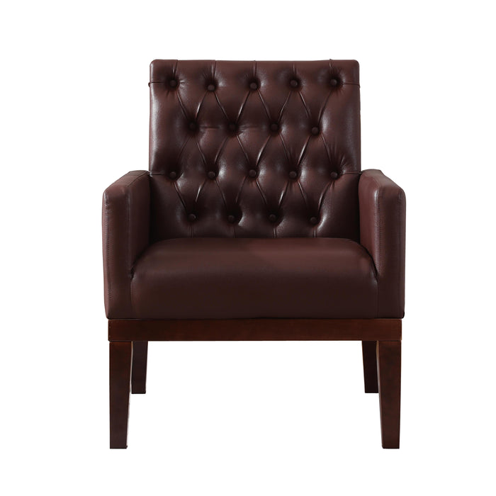 PU Leather Accent Chair, Upholstered Lounge Sofa Armchair, Comfortable Armchair with Wooden Legs in Log Color, Modern Button Reading Chair for Bedroom Living Room, Dark Brown